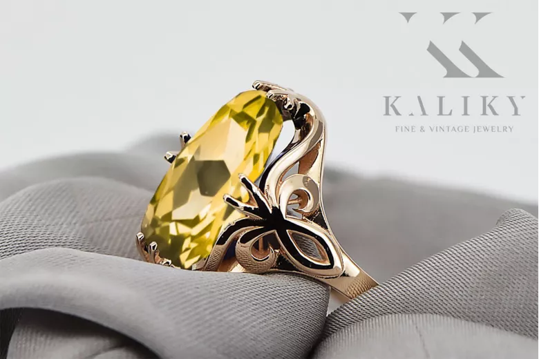 Vintage Anillo Peridoto amarillo Oro rosa antiguo original de 14k vrc082r